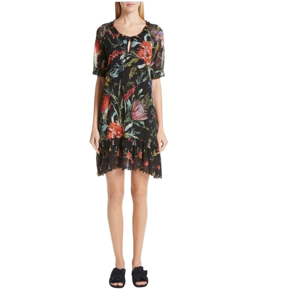 Fuzzi women's botanical black Floral Print Sheer Mesh‎ Ruffle Dress Large